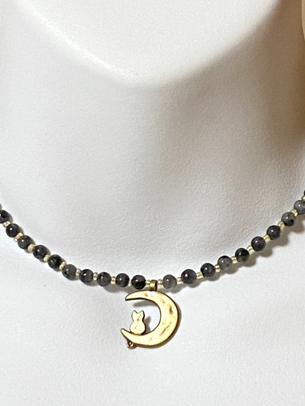 Larvikite Short Necklace, Natural Gemstone & Bronze Cat on the Moon Pendant